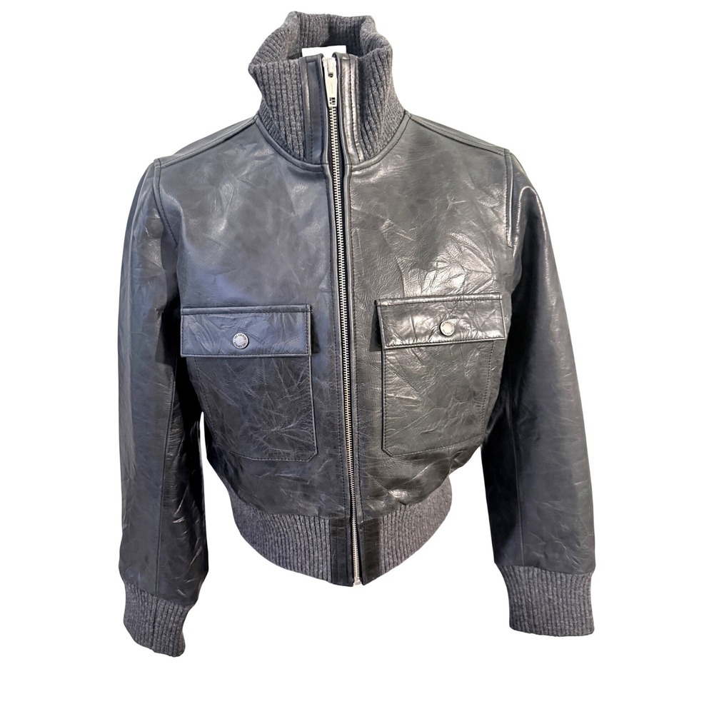 The Kooples Black Distressed Leather‎ Bomber Cropped Jacket Size FR 3 US 8 L - Picture 9 of 13